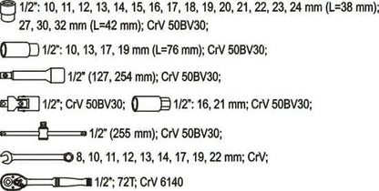 YATO Socket Set 1/2" 38pcs - YT-3876