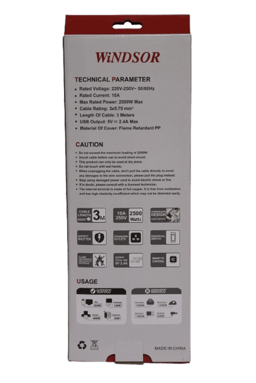 Windsor BS Extension Socket 4 Way 3 meters with USB and Type-C